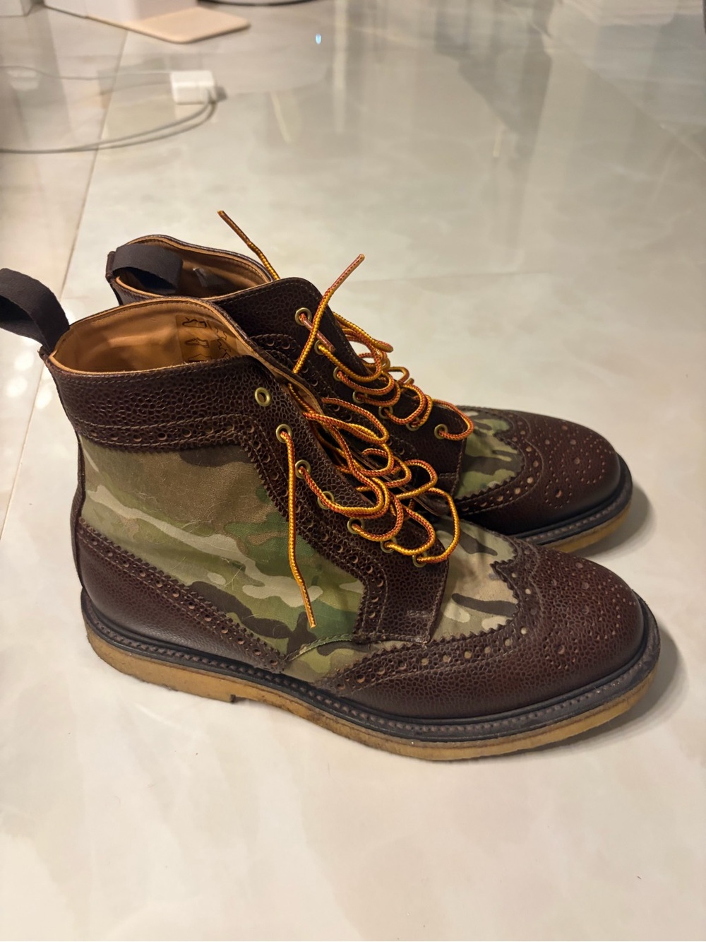 Mark McNairy Men's Brown Leather & Camo Wingtip Boots